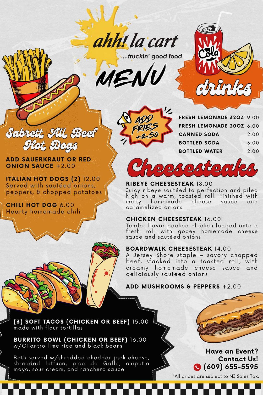 The full Ahh la Cart menu: Sabrett all-beef hot dogs, cheesesteaks, tacos, burrito bowls, and drinks with prices